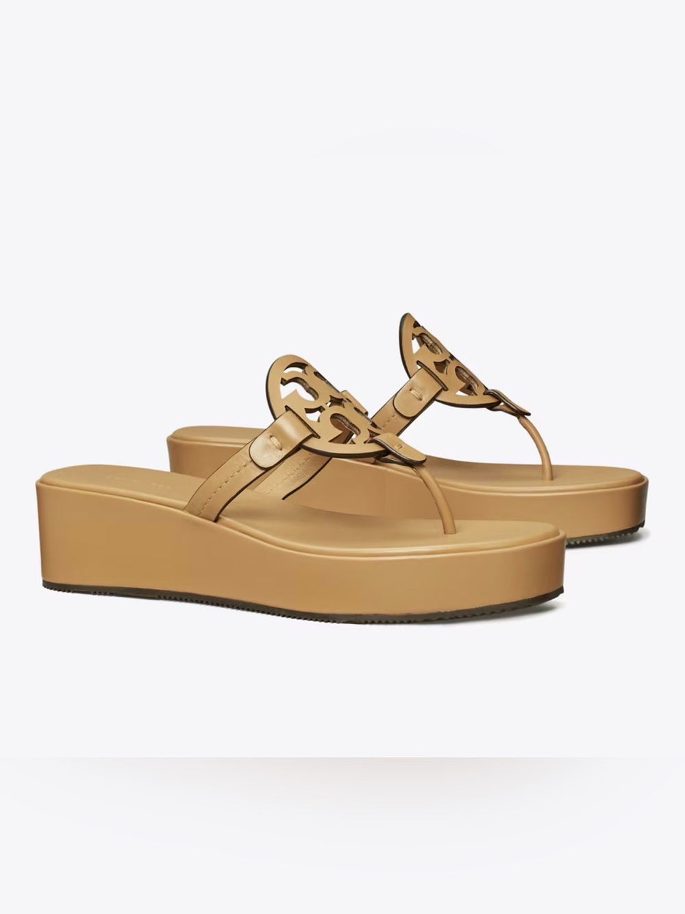 Tory Burch Miller Wedge Tan Leather Cutout Thong Sandals 9M